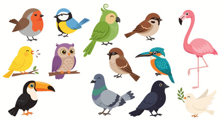 Fototapeta premium A collection of funny cartoon birds and penguins featuring a cute vector set of a parrot, owl, duck, and sparrow with colorful feathers for a wildlife nature design