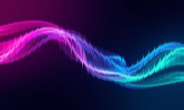 Glowing Pink Magenta and Cyan Blue Neon Sound Wave Abstract Digital Light Motion with Vertical Frequency Spikes Flowing and Transitioning on Dark Purple Black Background