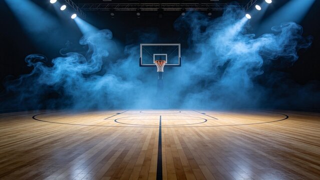 Empty basketball court with smoke and lights
