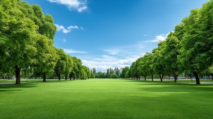 Fototapeta premium Lush Green Park Landscape with Blue Sky and White Clouds, Ideal for Outdoor Activities and Nature Photography in Urban Environments