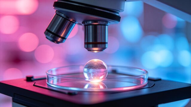 Microscope with petri dish and glowing sphere