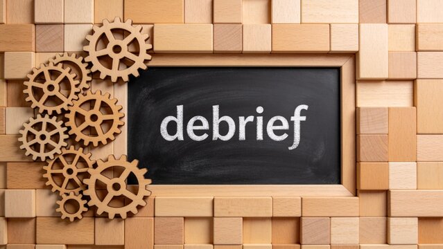 Wooden blocks and gears with word debrief