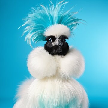 Portrait of a white fluffy creature with a giant blue mohawk hairstyle
