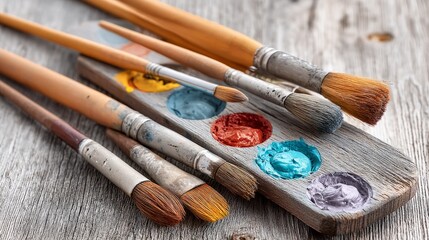 Fototapeta premium Vibrant Oil Paints and Brushes Resting on Rustic Wooden Palette