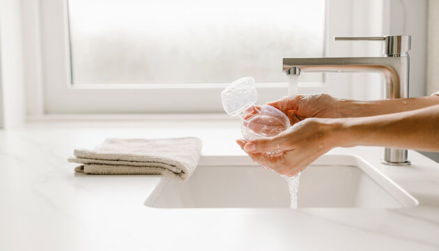 Hands rinsing clear aligner case under running water in modern kitchen sink, showcasing cleaning routine with fresh and hygienic feel