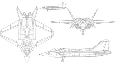 Fototapeta premium Fighter Jet Blueprint Technical Drawing Views - Top, Front, Side, Top Down