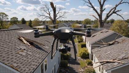 Fototapeta premium Medium shot of drone hovering over suburban block with damaged roofs focusing on detailed aerial view of broken shingles and tree debris.