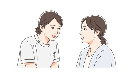 Fototapeta premium Friendly professional consultation between a female staff member and client in a warm discussion. Vector illustration portraying empathetic communication or healthcare advice