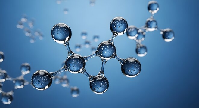 Blue molecular network three dimensional rendering of water molecules.