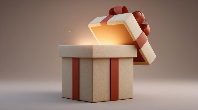Gift box open box glowing gift wrapped present ribbon bow beige box red ribbon celebration surprise decorative box festive holiday packaging present lid light soft light studio isolated 3d render
