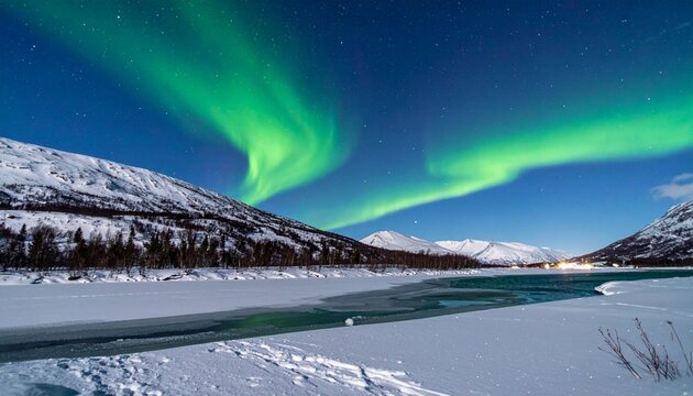 Northern lights over snowy landscape