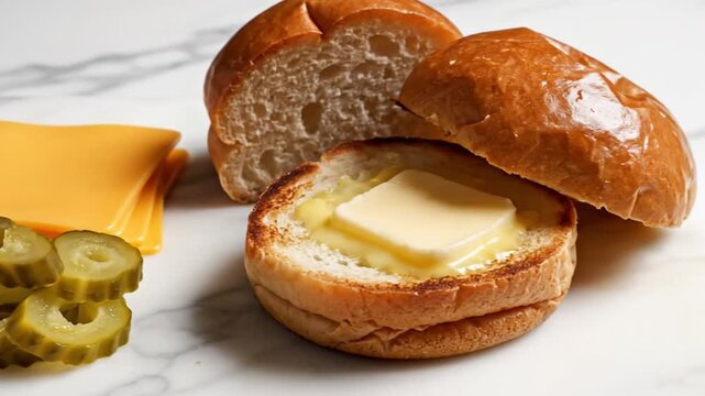 A delicious smash burger with melted butter on a toasted bun sits on a marble countertop next to sliced cheese and pickles.