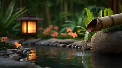 Poster Toilet Bamboo pipe water pond pebble garden lantern reflection tranquil scene  © Keopaserth
