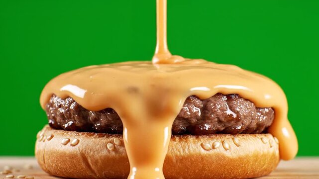 A juicy smash burger with melted cheese being poured on top sits on a wooden surface against a green background.