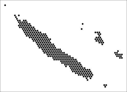 New Caledonia hexagon map. Plain black and white dotted shape template. Country tiny hexagon cells. New Caledonia flat honeycomb template. Vector Illustration.