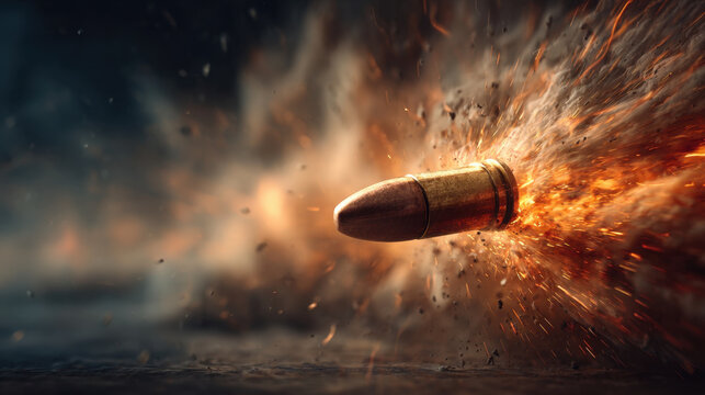 Bullet projectile ammunition weapon explosion impact fire spark smoke flying shell cartridge metal copper brass danger violence war combat closeup motion speed energy blast debris fragment