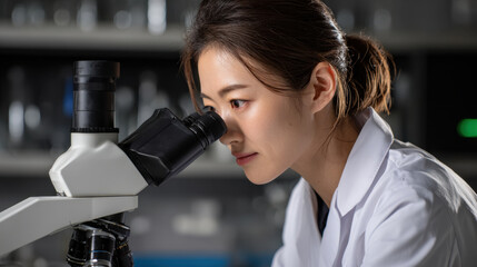 Fototapeta premium Female scientist microscope laboratory asian woman white coat research analysis inspection biotechnology equipment