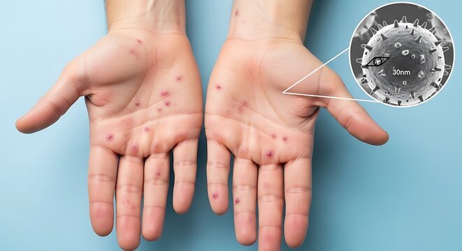 Close-up Illustration of a Viral Rash Disease on Human Hands with Microscopic Virus Detail