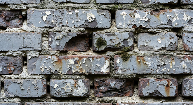 Close-up of weathered brick wall with peeling paint.