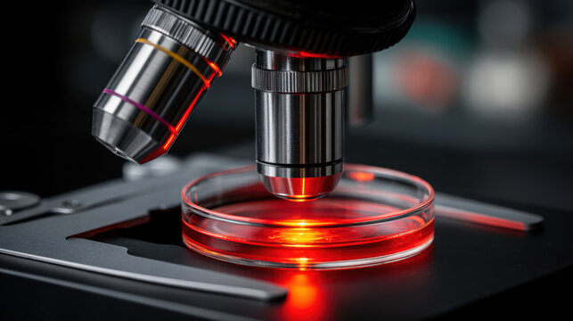 Laboratory microscope glass petri dish red light close up science research sample lens optical microscopy medical laboratory experiment specimen analysis equipment technology sterile biology