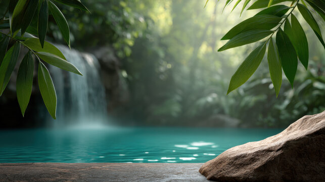 Waterfall turquoise water flat rock green leaf tropical forest nature scene calm pool lush foliage smooth stone misty background