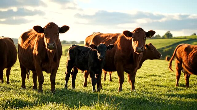 Pasture Cows Grazing In Open Green Field.