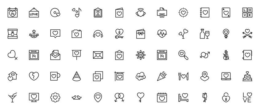 Love & Romance icon set. Valentine's Day vector illustrations. Includes heart, love letter, gift, ring, rose, wedding, music and more. Editable stroke.