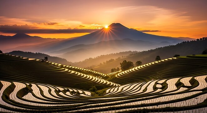 Majestic Mountain Sunrise Over Rice Terraces - A Breathtaking Landscape.