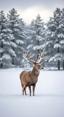 Obraz premium Majestic Deer in Winter Wonderland - A Serene Wildlife Encounter.