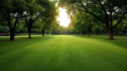 Fototapeta premium Lush Green Grass Field Surrounded by Tall Trees and Soft Sunlight Creating a Serene Natural Landscape in a Public Park Setting