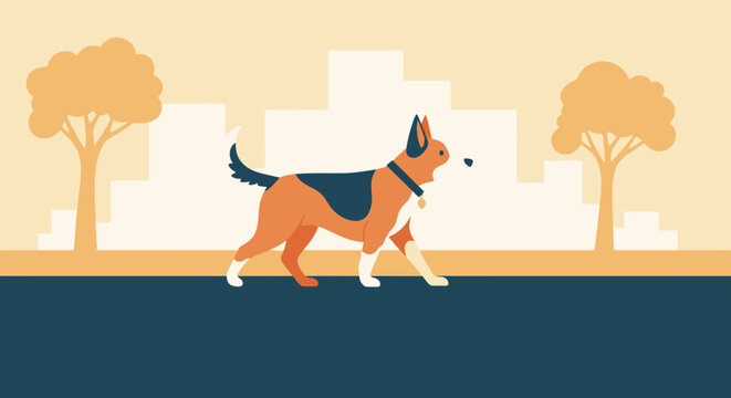 A German Shepherd dog walks confidently on a sidewalk with trees and city buildings in the background.