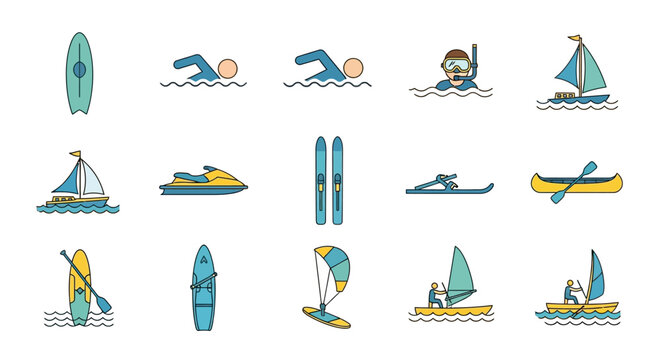 Collection of flat line icons representing various water sports, activities, and recreational equipment like surfing, swimming, sailing, kayaking, and jet skiing.