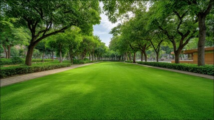 Obraz premium Lush Green Lawn Surrounded by Vibrant Trees in a Serene Park Setting with Clear Sky and Inviting Pathway for Relaxation and Leisure Activities
