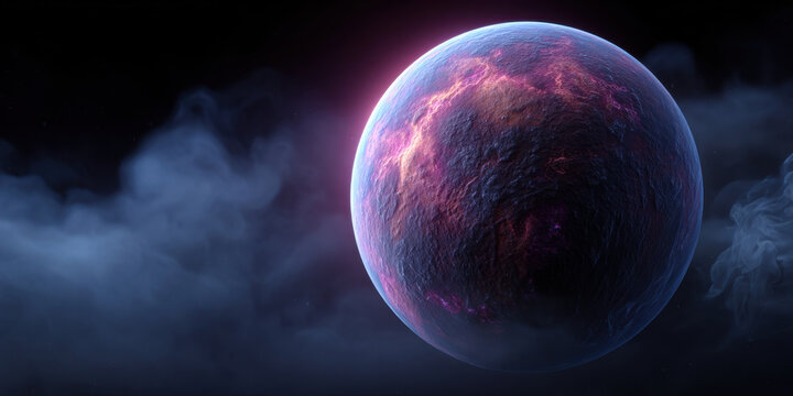 Mysterious alien planet with textured surface and glowing light in dark space