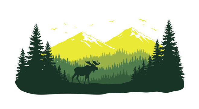 Majestic Moose Silhouette in Evergreen Forest with Snow-Capped Mountains