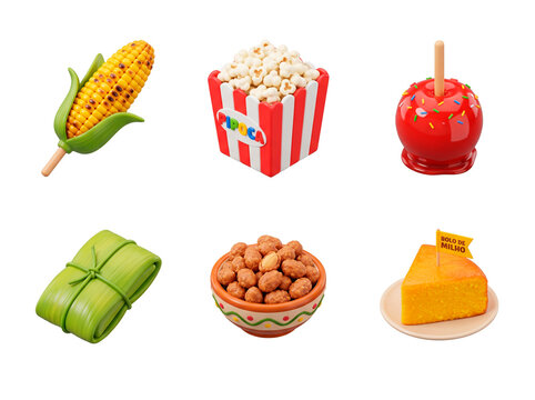 3D Render Collection of Traditional Brazilian Festa Junina Food Icons Isolated on Transparent Background