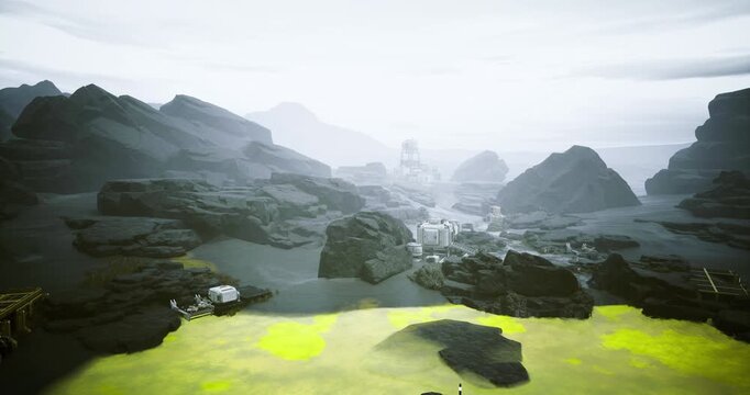 abandoned colony with chemical runoff carving yellow channels, derelict modules scattered across eroded valley, equipment half buried in sediment, atmosphere
