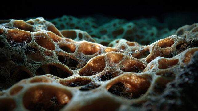 Organic network of fungal hyphae with porous brown surface in macro detail