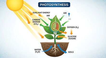 Fototapeta premium Diagram illustrating the process of photosynthesis in plants.