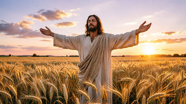 Jesus walks through golden wheat at sunset, symbolizing peace, faith, hope, and renewal.