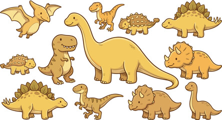 Cute Cartoon Dinosaur Characters Collection with T Rex, Triceratops, Stegosaurus, and Pterodactyl in Playful Prehistoric Animal Vector Illustration Set © Aktarul