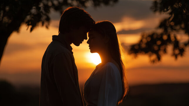 Romantic sunset silhouette of man and woman facing each other with warm glow and intimate mood