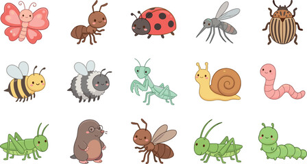 Obraz premium Cute Cartoon Insect Characters Collection with Butterfly, Bee, Ladybug, Ant, Snail, Worm, and Grasshopper in Playful Kawaii Style Illustration Set