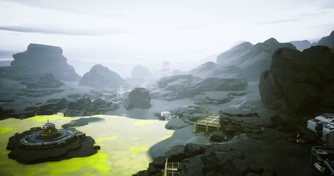 terraforming trial field with experimental modules near acid pools and process infrastructure engineers deploy sensors, test substrates and monitor
