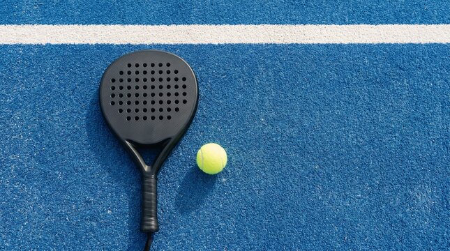 Flat lay of a black padel racket and tennis ball on a blue court surface with white lines. Minimal sports composition with copy space.