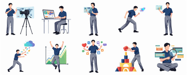 Fototapeta premium Detailed Illustration of Young Adult Male in Business Activity Character Set