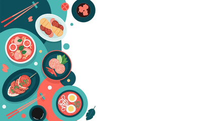 Fototapeta premium Asian food background with ramen, dim sum, and skewers in flat vector style on white background with copy space.