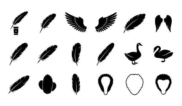 Bird feather icon set quill pen angel wing swan feather silhouettes vector collection