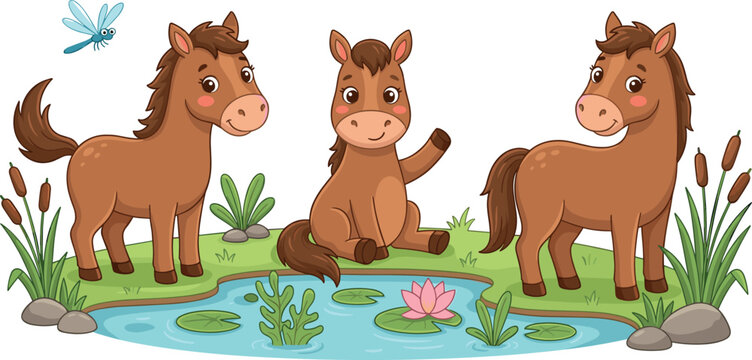 Cute Cartoon Horse Characters Around Pond with Water Lily, Dragonfly, and Grass in Whimsical Farm Animal Nature Illustration for Kids Design