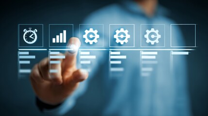 Fototapeta premium Project management and time planning concept displayed on digital screen showing business workflow scheduling timeline and productivity management in modern office environment